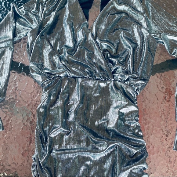 Nasty Gal Silver Metallic Stretchy Tight Ruched Taylor Swift New Years Mcbling - Picture 3 of 12